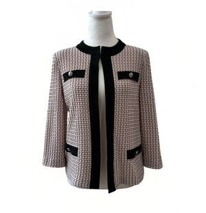 Ming Wang Jacket Cardigan XS Blush Pink & Black Knit Open Front Career
